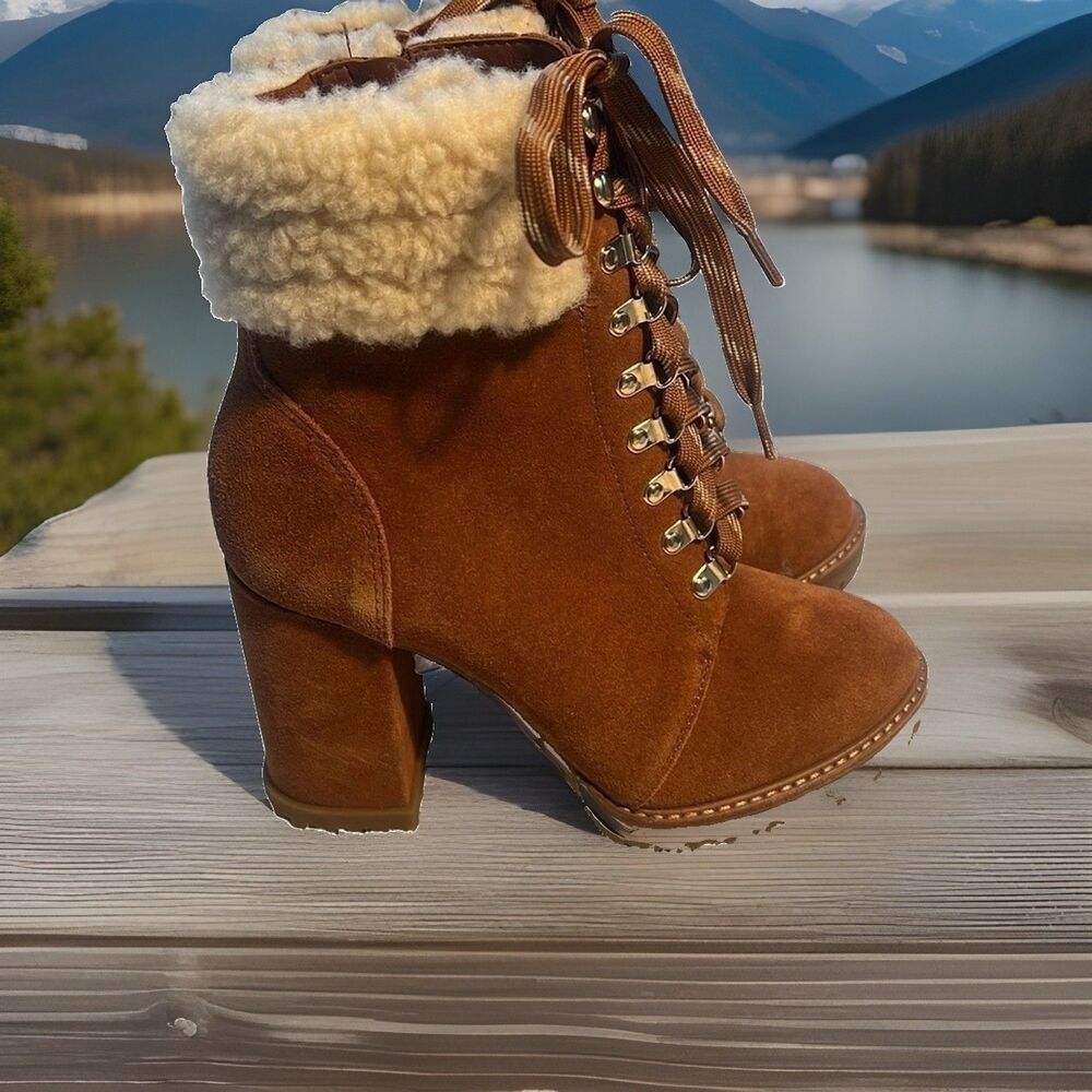Gianni Bini Sz 6.5 M Rust Leather Suede Shearling Lug Sole Ankle Booties NWT